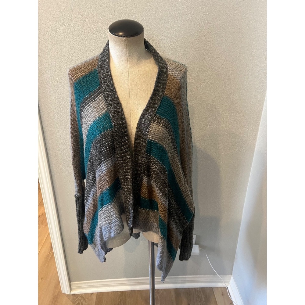 Angie Women M Open Front Cardigan Sweater Mohair Blend Teal Gray Brown Boho